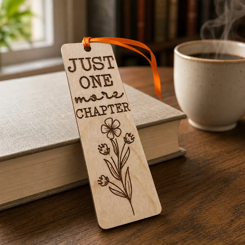 Дървен книгоразделител Just one more chapter до книга и чаша кафе