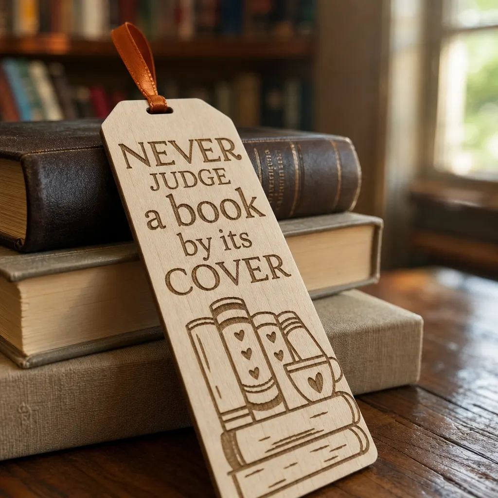 Дървен книгоразделител „Never judge a book by its cover“ — снимка 2