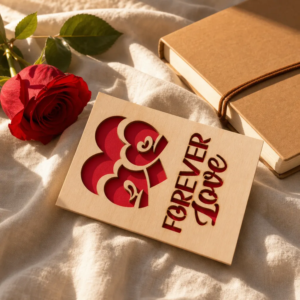 Дървена картичка Forever Love с роза върху лен